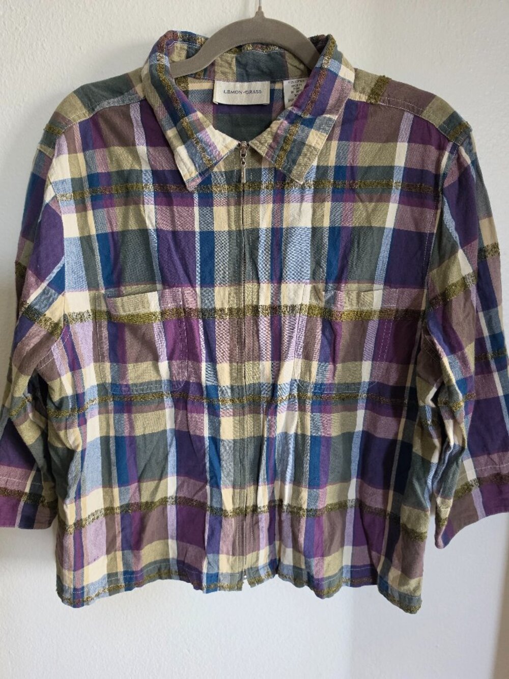 Lemon Grass Plaid Cotton Zip Jacket Women’s XL 3/4 Sleeve Artsy
